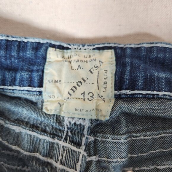 LA Idol USA Denim Shorts Juniors 13 Distressed Cutoff Raw Hem Thick Stitching - Picture 3 of 15